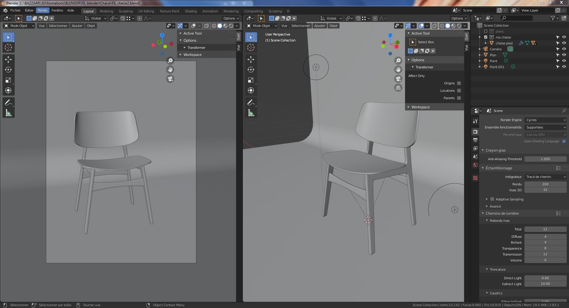 modelisation d'une chaise en 3D avec le programme blender