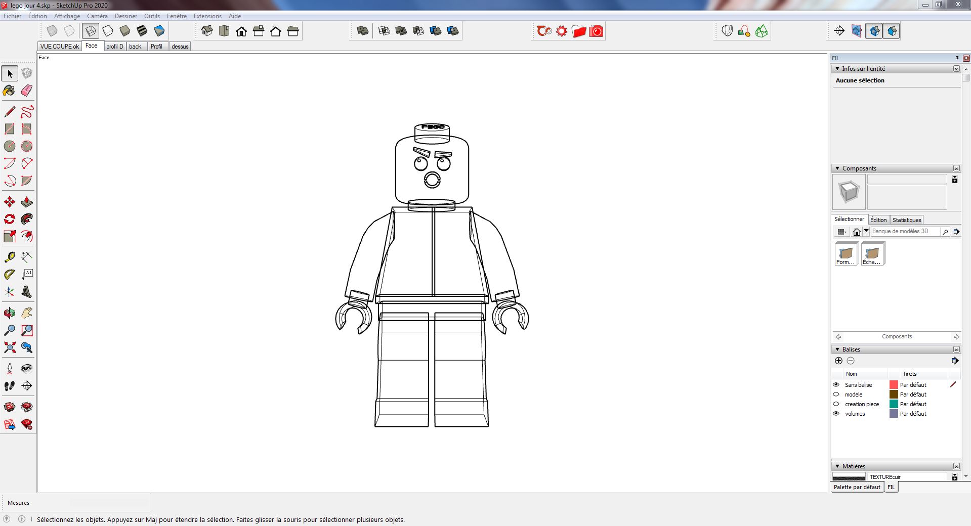 modélisation d'une figurine Lego sur Sketchup, vue de face