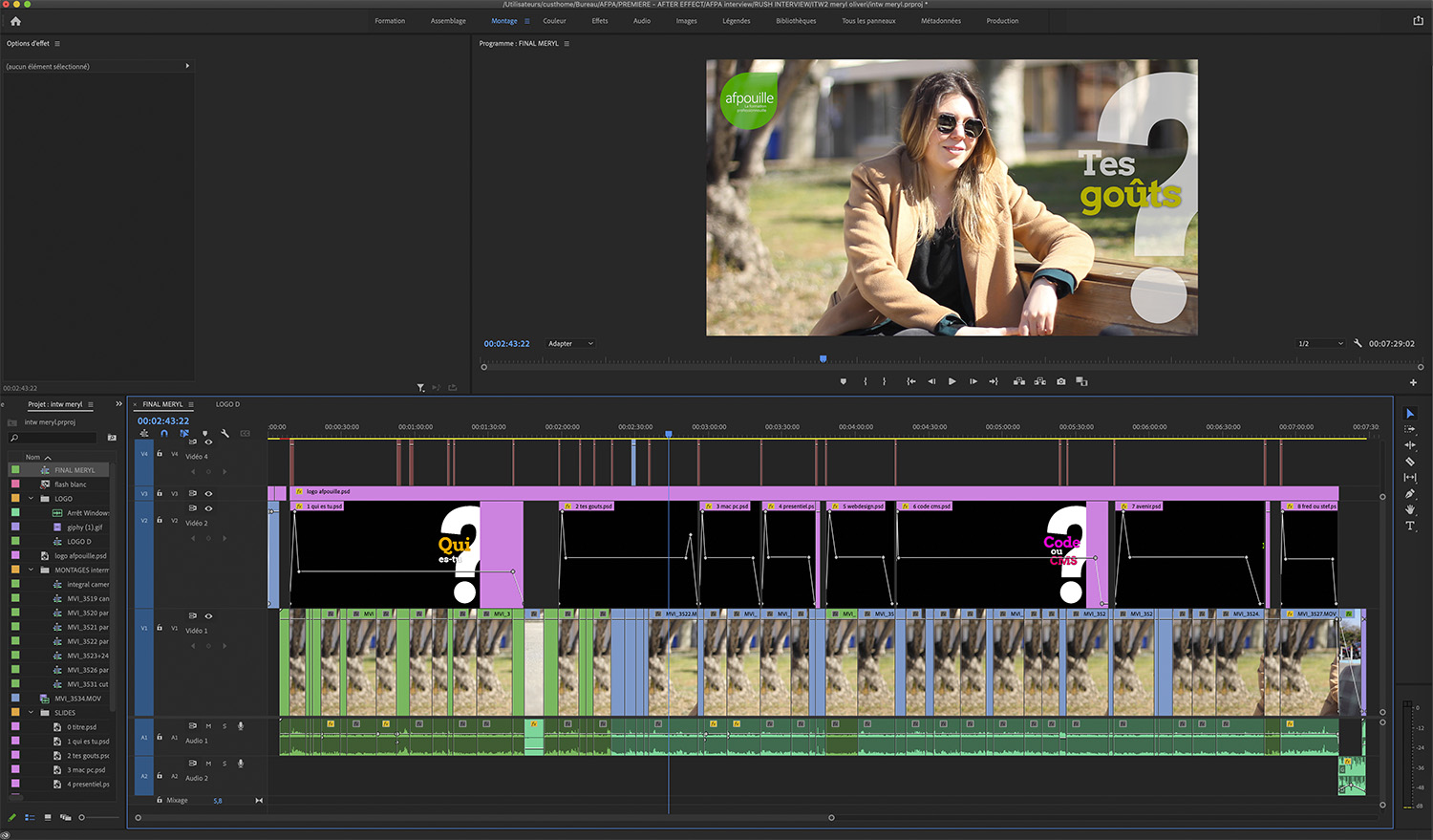 apercu du montage de l'interview de Meryl dans Adobe Premiere